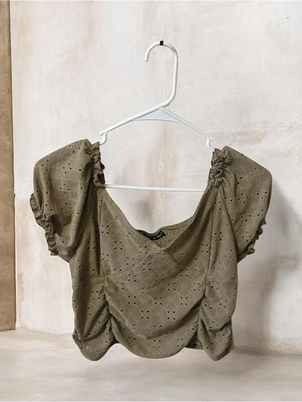 Olive Eyelet Puff Sleeve Women's Top